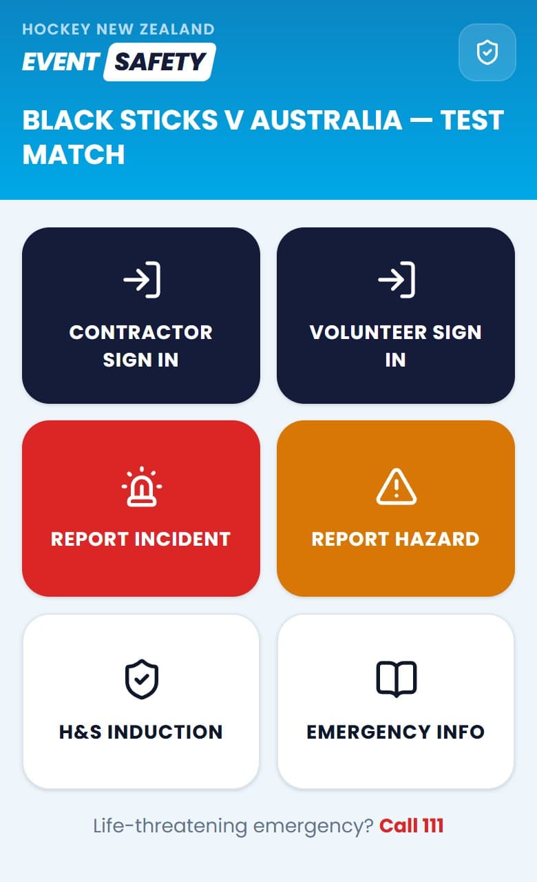 The page a QR code opens on a phone, with large buttons for contractor sign-in, volunteer sign-in, reporting an incident or hazard, the safety induction and emergency information