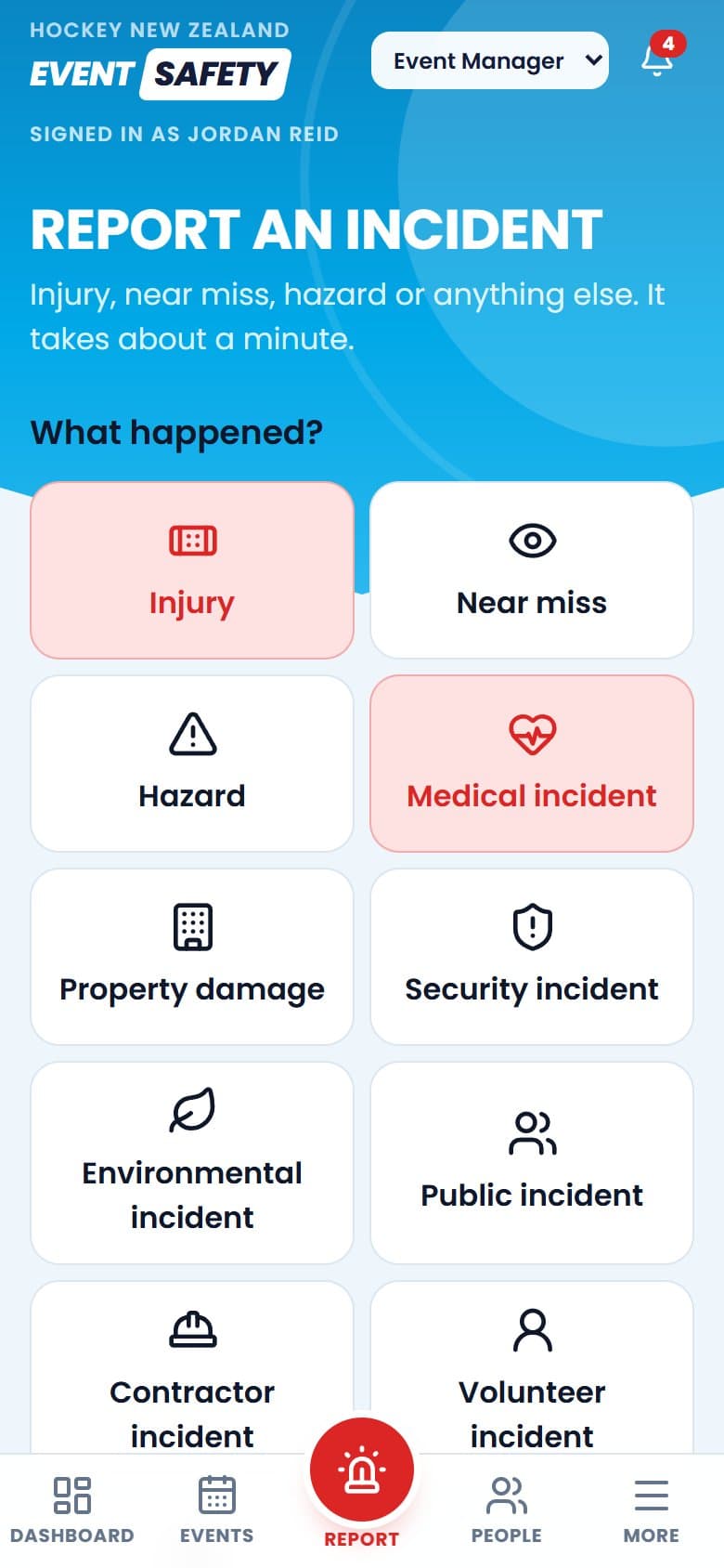 The incident report screen on a phone, asking what happened, with options including injury, near miss, hazard and medical incident
